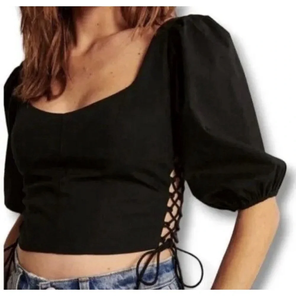 Abercrombie & Fitch Women's White Smocked Milkmaid Side Tie Puff Sleeve Top